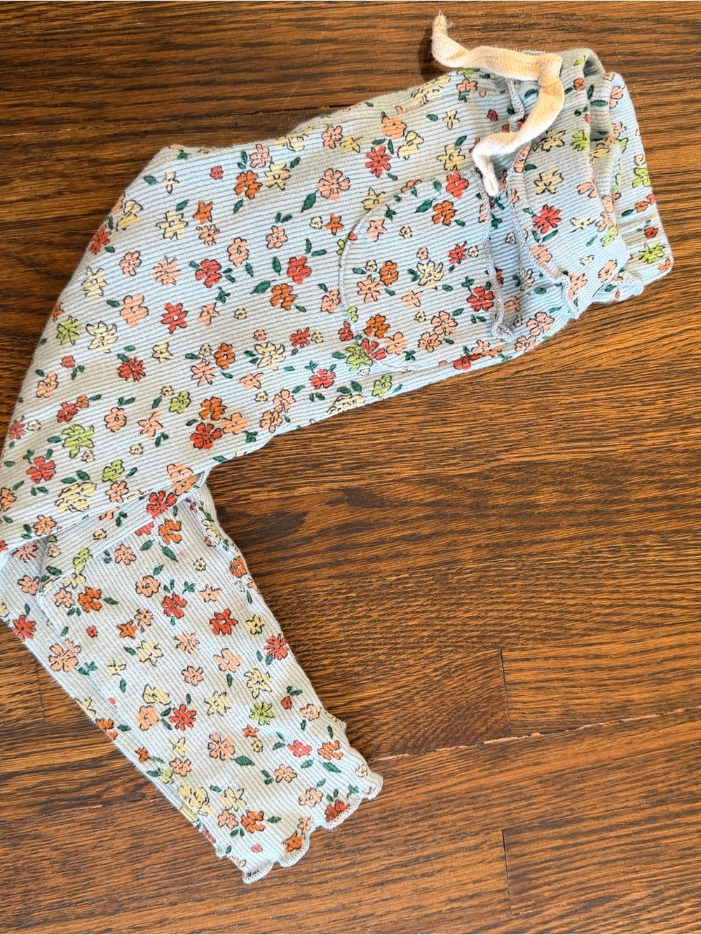 Zara Kids Floral Ribbed Knit Pants - Light Blue with Orange & Yellow Flowers